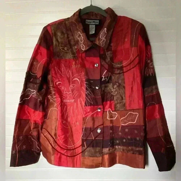 Indigo Moon Patcgwork Lion stitching Ling Sleeve Jacket Size Small Oversized Red - Picture 16 of 16